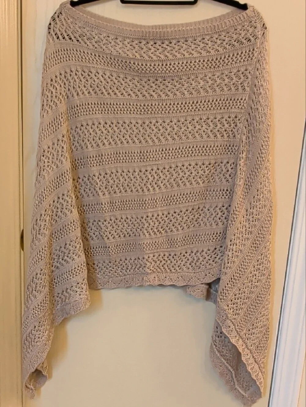 NY Collection Light Taupe Open-Knit Sweater Poncho | Women's L/XL